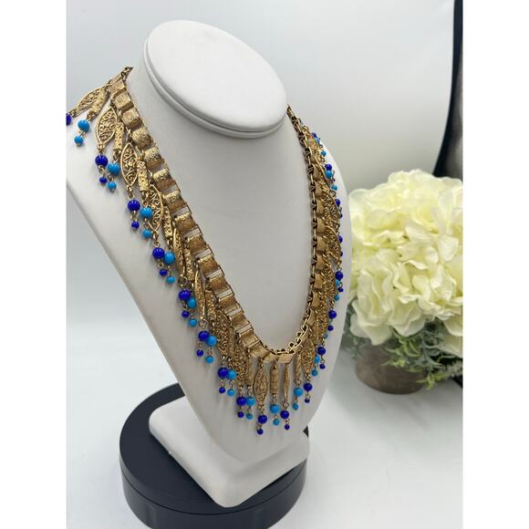 Vintage Etruscan Revival Victorian Era  Filigree Dangle Book Chain Bib Necklace - Picture 3 of 10